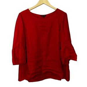 John Mark Women's Top 100% Linen Red Bell Sleeve Pullover Casual‎ Office Holiday